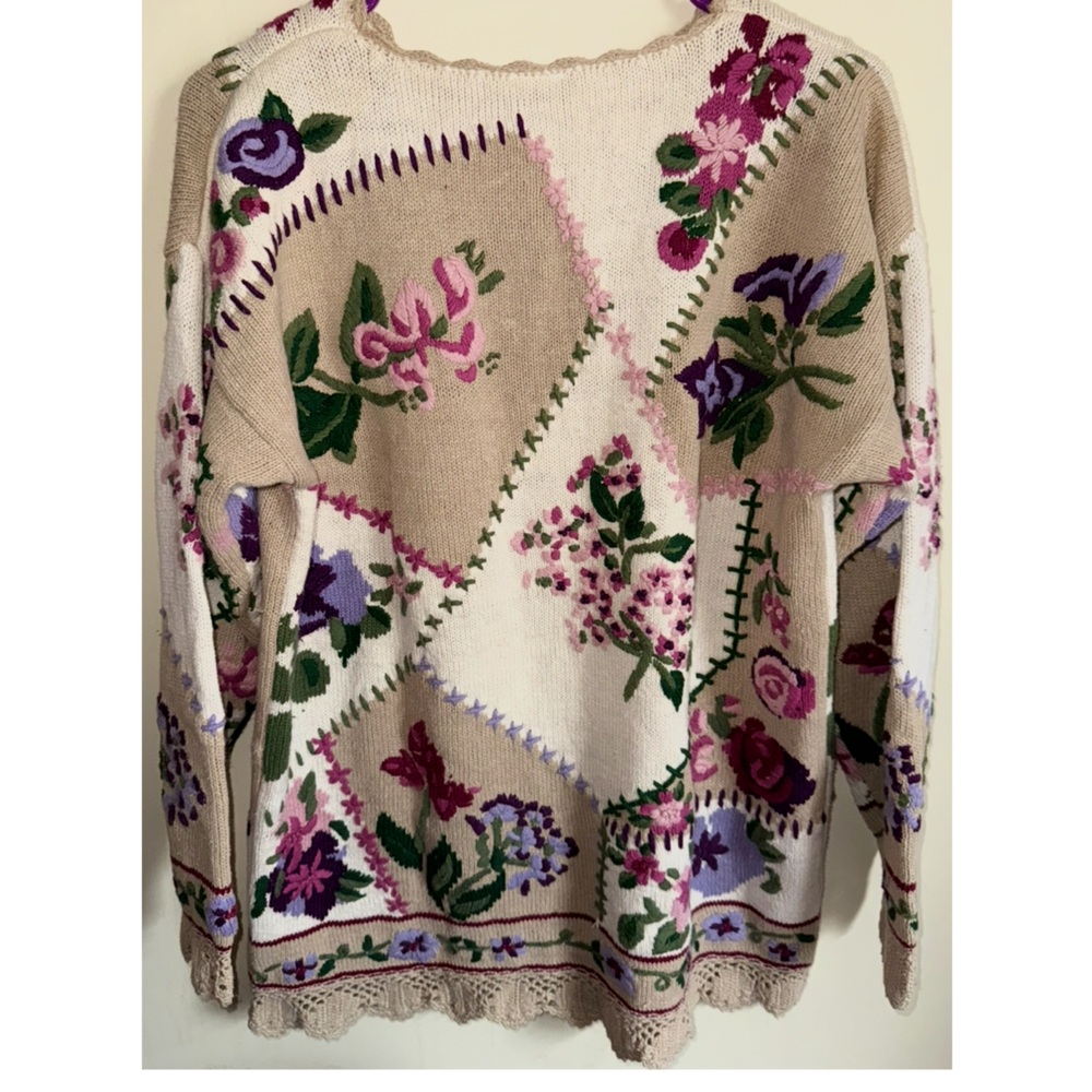 MJ Carroll Elegant Floral Patchwork Stitchwork Patterned Tan Blouse